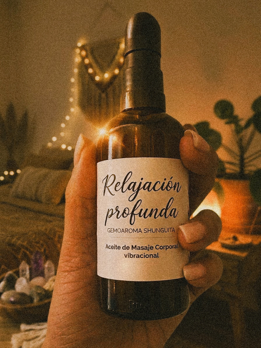 Relajación profunda Óleo de Masaje corporal: SHUNGUITA + CRISTALES TERAPÉUTICOS - 100 ml