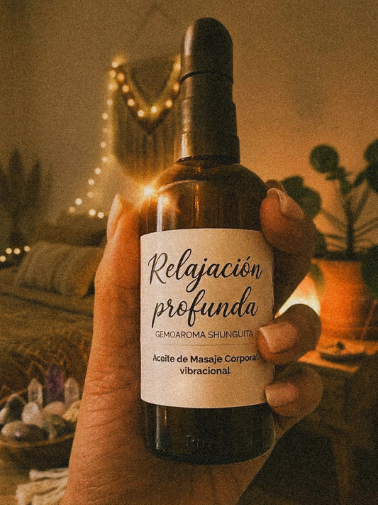 Relajación profunda Óleo de Masaje corporal: SHUNGUITA + CRISTALES TERAPÉUTICOS - 100 ml