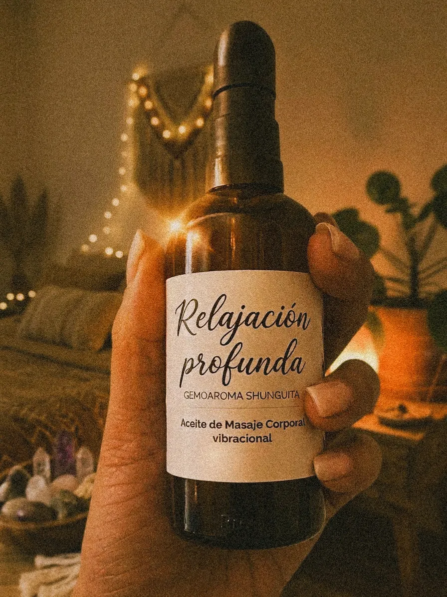 Relajación profunda Óleo de Masaje corporal: SHUNGUITA + CRISTALES TERAPÉUTICOS - 100 ml
